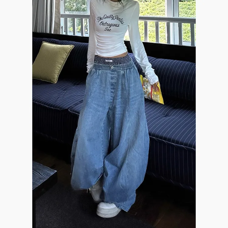 美式复古蓝色工装裤女2025秋季新款街头辣妹垂坠感显瘦阔腿长裤子