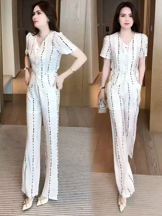 老钱风气质套装女2025夏季新款时尚v领短袖上衣显瘦阔腿裤两件套