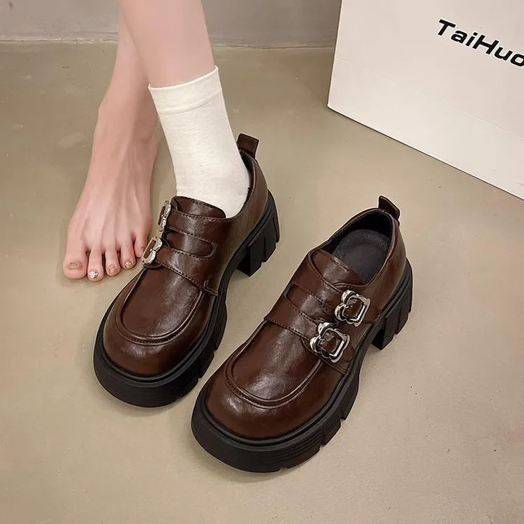 小皮鞋女2025秋季新款百搭复古英伦风增高粗跟棕色乐福单鞋ins潮
