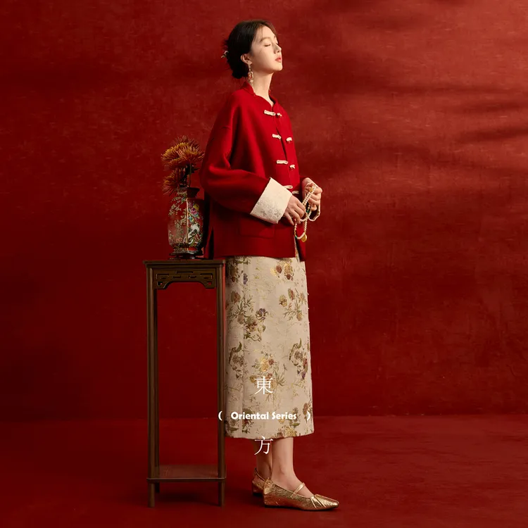 三彩【梦里浮花】2025冬季新款提花半身裙新中式直筒裙长裙C