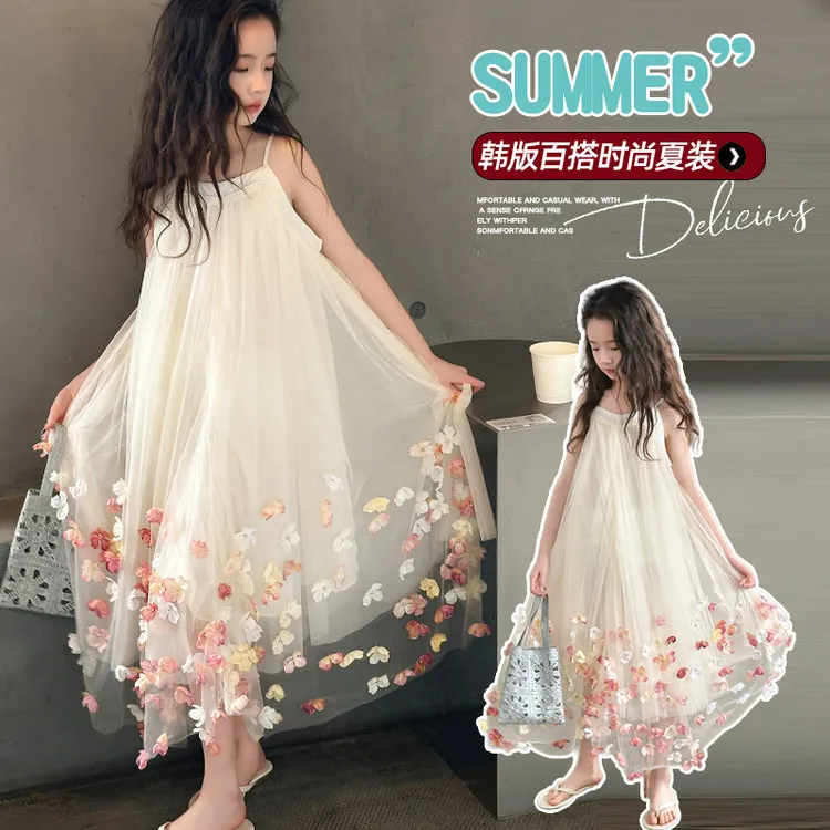 女童连衣裙夏季新款中大童公主风仙女裙儿童蕾丝洋气吊带沙滩裙子