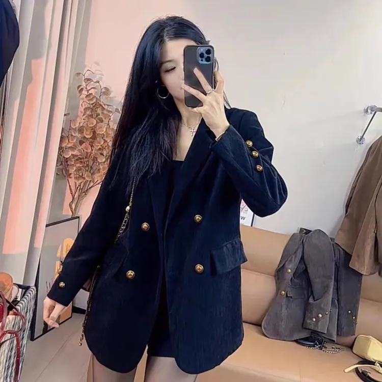 2025冬季雪尼尔西装外套女网红休闲百搭宽松韩版双排扣设计感西服