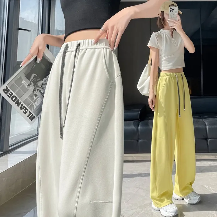 亲肤柔顺纯棉运动休闲裤女2025春夏窄版阔腿长裤系带松紧腰香蕉裤