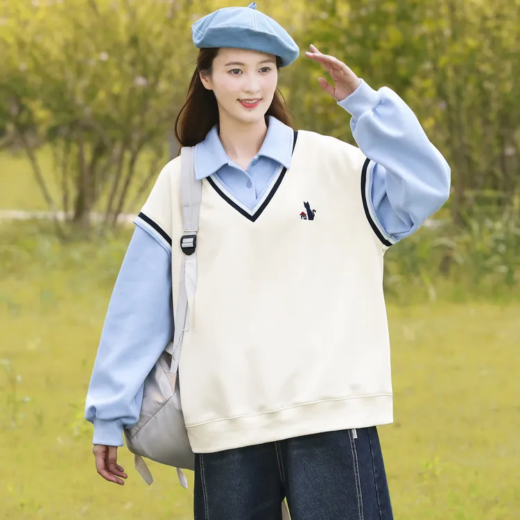 初中生秋装卫衣假两件2025新款高中学生少女大童学院风T恤上衣潮