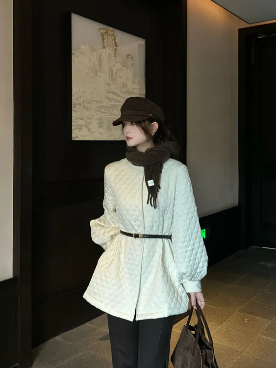 R123391W薄款修身型宽松拼接厚款棉服中长款长袖棉衣V领印染