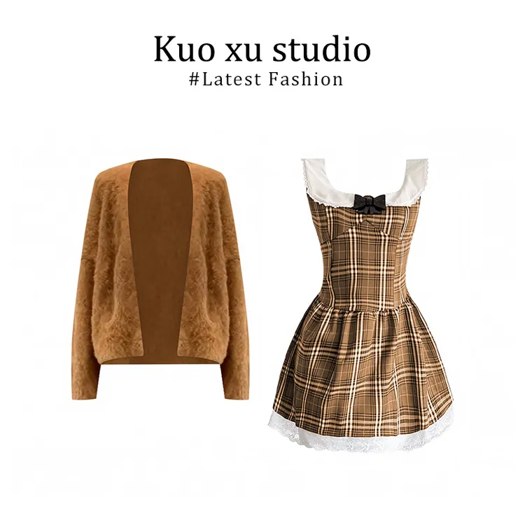 秋冬季甜辣纯欲风穿搭女针织开衫长袖宽松上衣日系甜美格子连衣裙