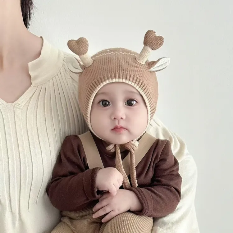 宝宝帽子秋冬季可爱超萌鹿角毛线帽男女小月龄百搭卡通防风护耳帽