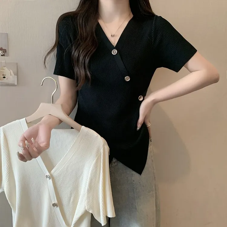 冰丝针织衫短袖夏季新款复古气质修身大码妹妹遮肉显瘦T恤上衣潮