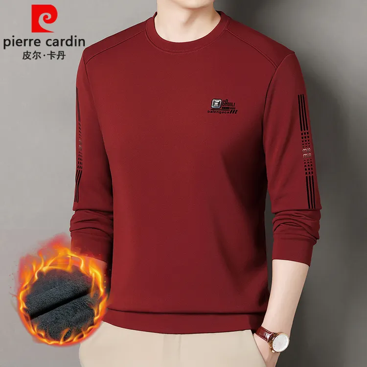 皮尔卡丹加绒加厚卫衣男士时尚圆领长袖T恤冬季新款保暖打底衫男