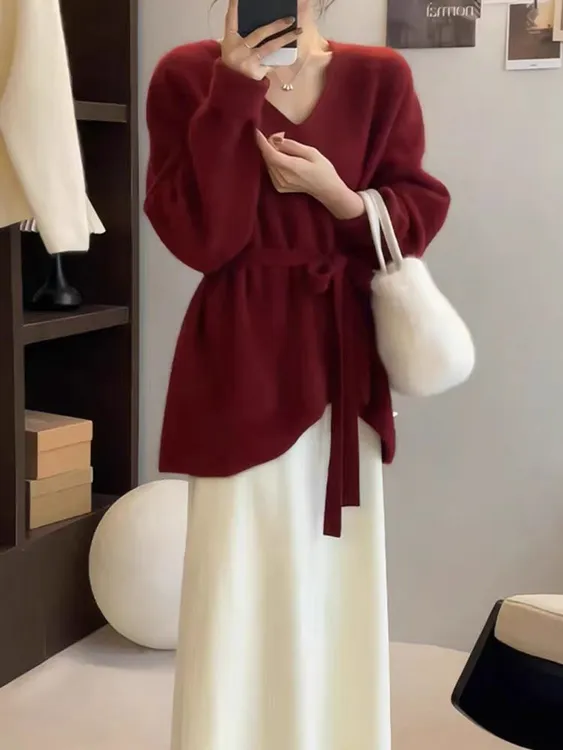 韩版气质不规则V领春秋款毛衣女宽松百搭显瘦针织衫收腰系带上衣