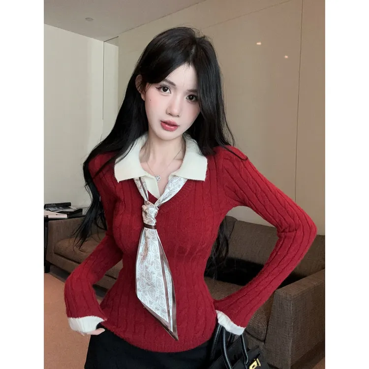 红色Polo领假两件针织衫女冬季衣打底内搭修身短款长袖小上衣