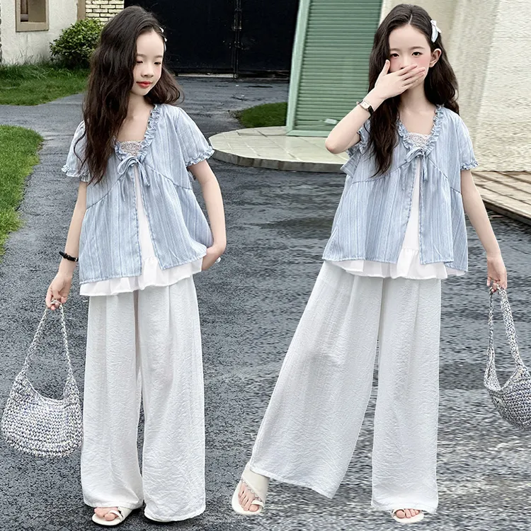 女童夏季森系甜美套装2025新款儿童6-12岁宽松休闲短袖薄款阔腿裤