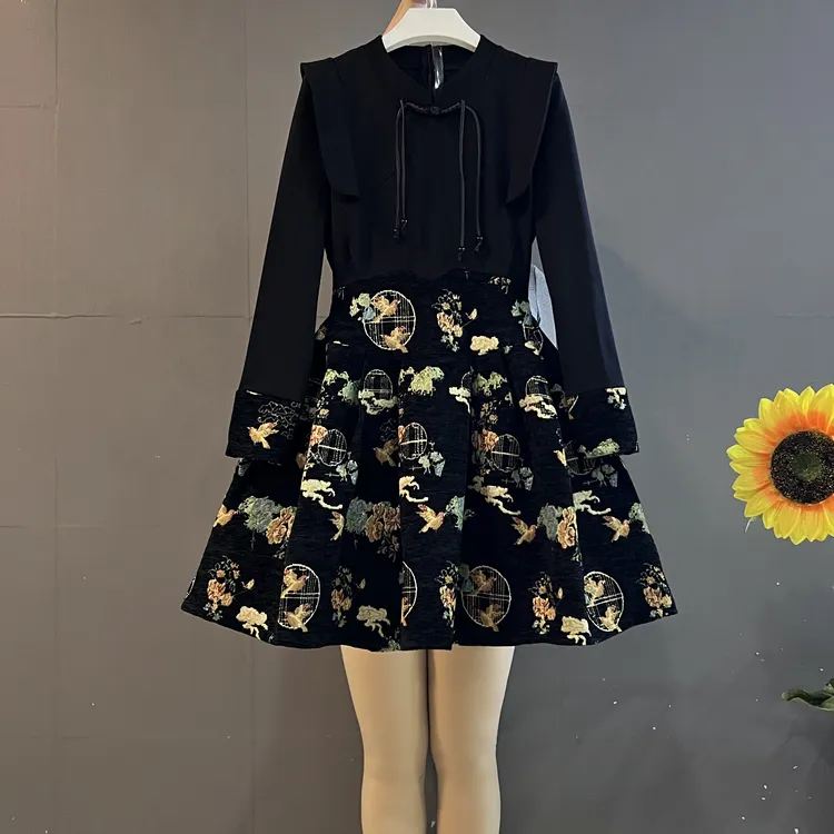 新款时尚复古盘扣流苏拼接提花假两件收腰显瘦气质连衣裙