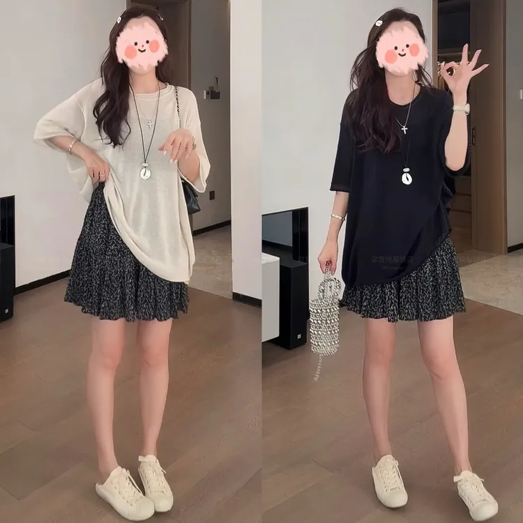 2025夏季新款松弛感穿搭懒惰风百搭短袖上衣显瘦防走光短裙套装女