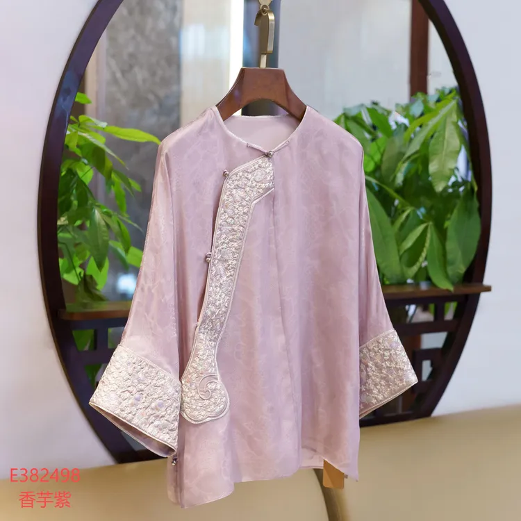 【锦系~新款】真丝欧根纱提花国风桑蚕丝绣花圆领外套E-382498