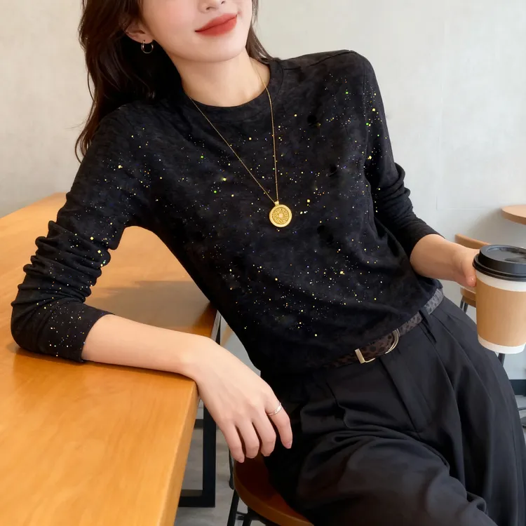 秋冬季新品扎染烫金细闪设计感收腰显瘦加绒长袖T恤打底衫女上衣