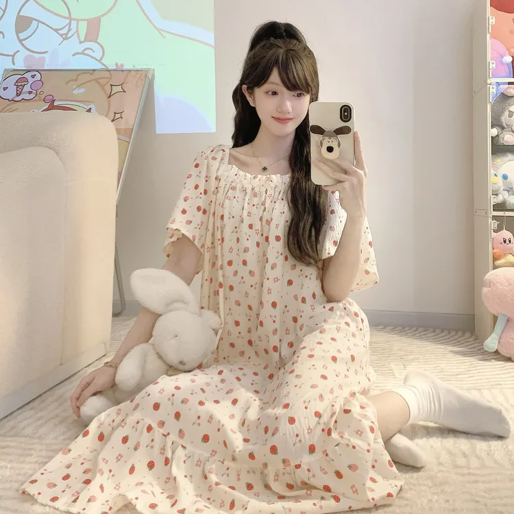 大码韩版甜美小清新夏季睡裙中长款睡裙法式时尚轻薄透气宽松睡裙