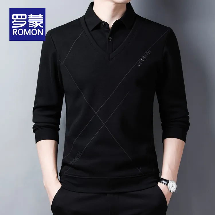 罗蒙高端男士假两件针织衫毛衣男款秋冬款百搭时尚长袖打底上衣男