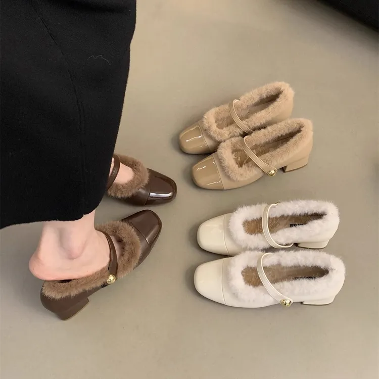 旗袍鞋高跟毛毛鞋女冬外穿伴娘鞋玛丽珍鞋秋冬加绒单鞋白色高跟鞋