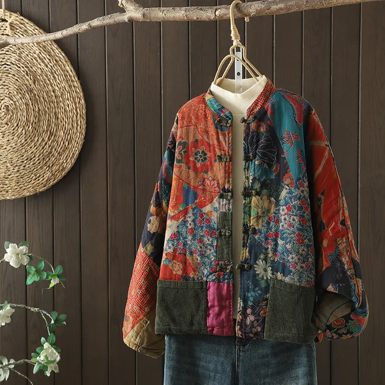 复古印花外套女秋冬折扣新款文艺棉麻开衫女士中式盘扣棉衣灯芯绒
