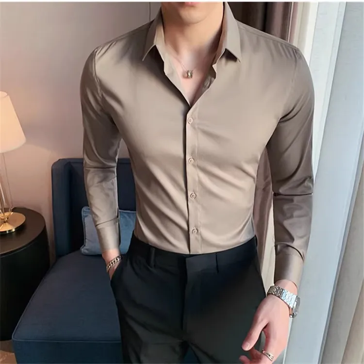 高级感长袖衬衫男商务休闲西装内搭免烫修身结婚衬衣香槟色春季新