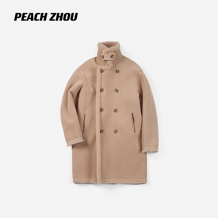 『PEACHZHOU』双面穿羊羔毛麂皮绒宽松翻领中长款大衣外套