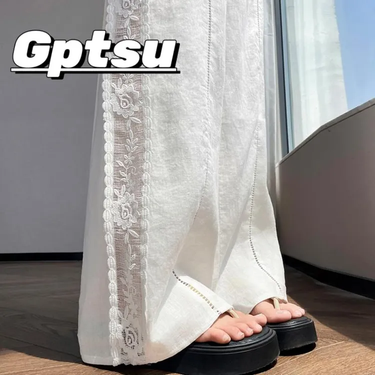GPTSu蕾丝镂空阔腿裤女夏季薄款防晒冰丝速干直筒亚麻休闲拖地裤