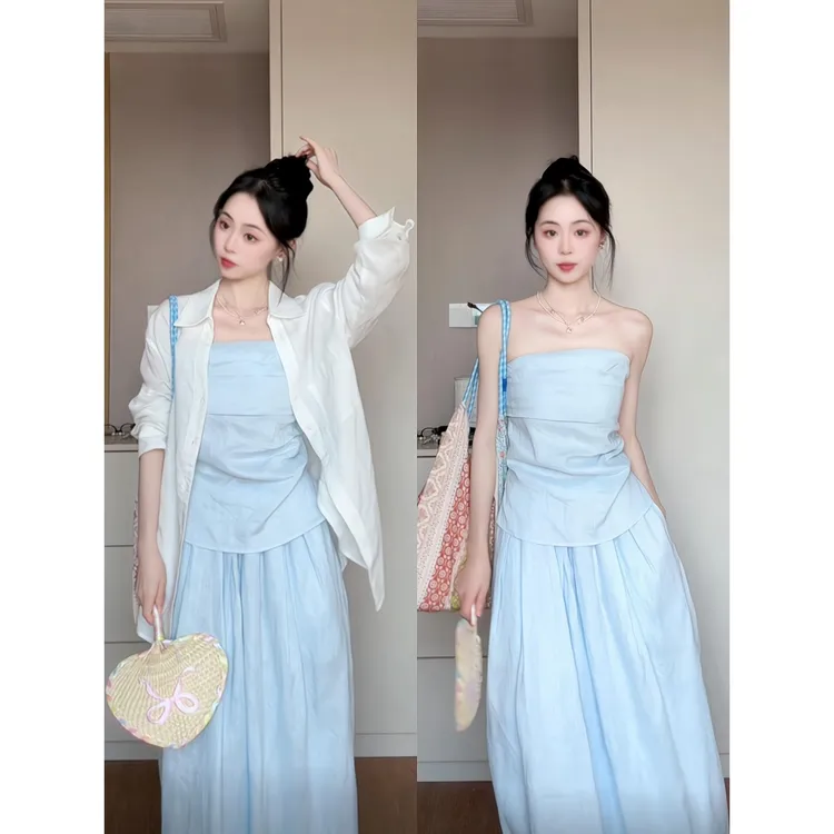 MARIE.COCO一整套法式薄款衬衫褶皱设计抹胸上衣女花苞裙时尚套装