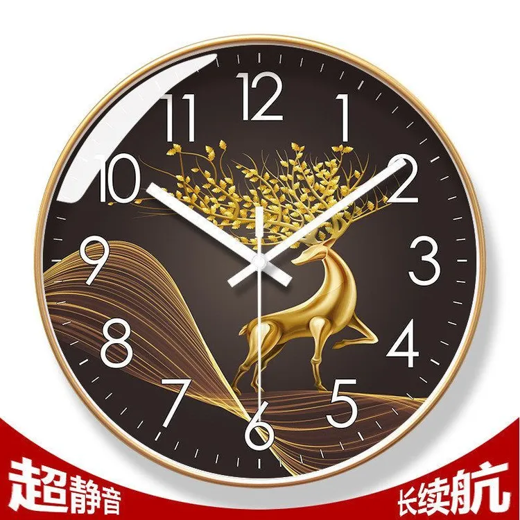 6082挂钟客厅钟表挂墙麋鹿家用时钟挂表现代静音扫秒长续航时尚