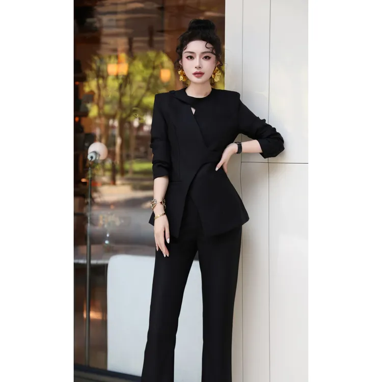 OUPAN 欧盼 深圳南油原创 黑色西服套装女外套微喇裤两件套女2542