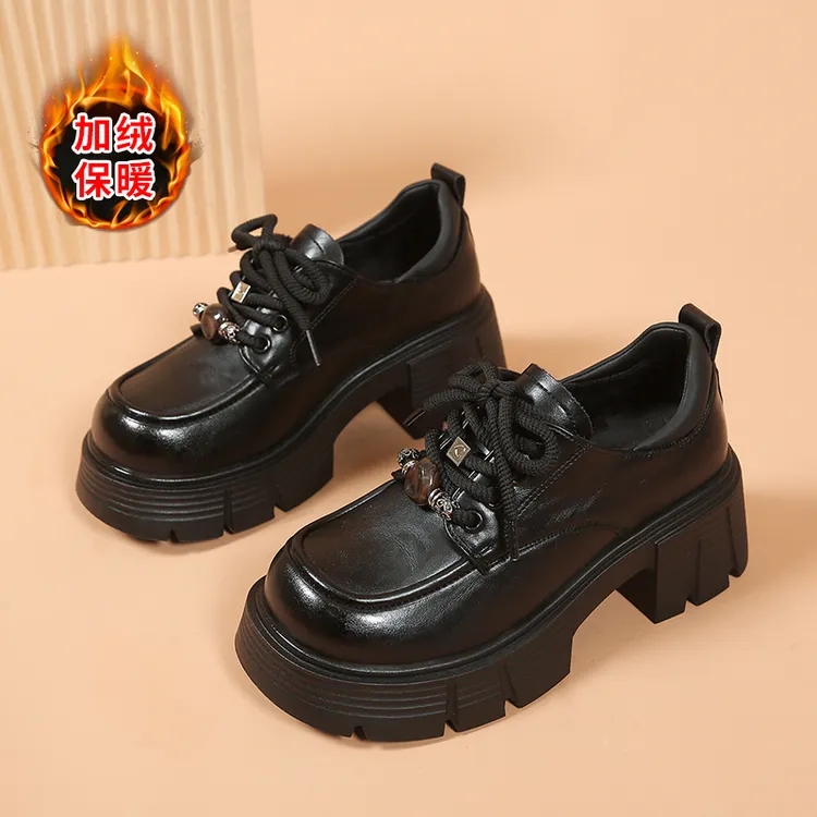 冬季加绒厚底增高乐福鞋女鞋2025新款英伦风单鞋百搭复古皮鞋潮