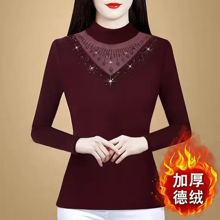 9083#烫钻德绒秋冬新款长袖半高领薄绒中老年印花妈妈装打底上衣