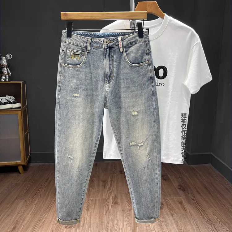 (九分裤)夏季款破洞补丁牛仔裤男修身小脚裤弹力破洞牛仔裤男款