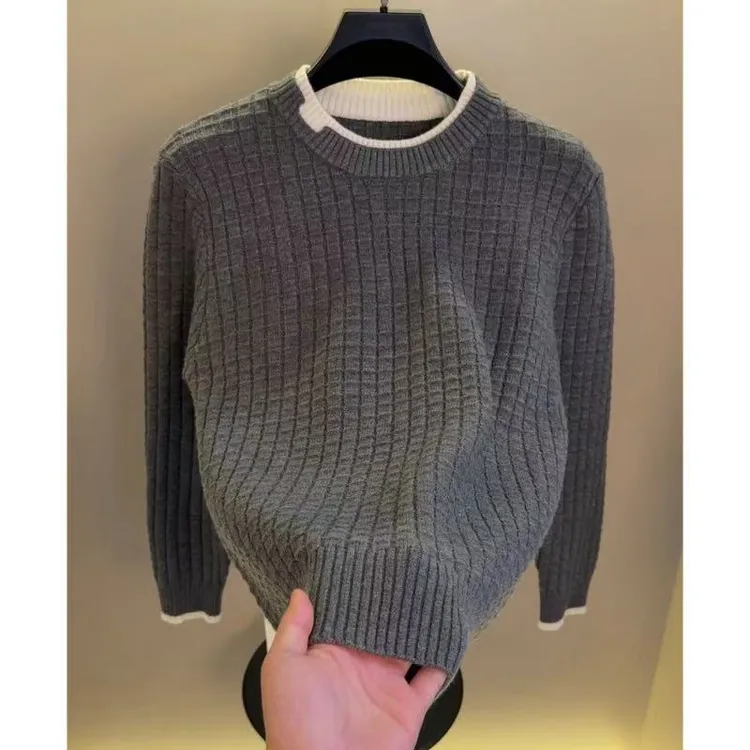 高档简约圆领假两件毛衣男士秋冬时尚百搭针织衫打底衫男装25825