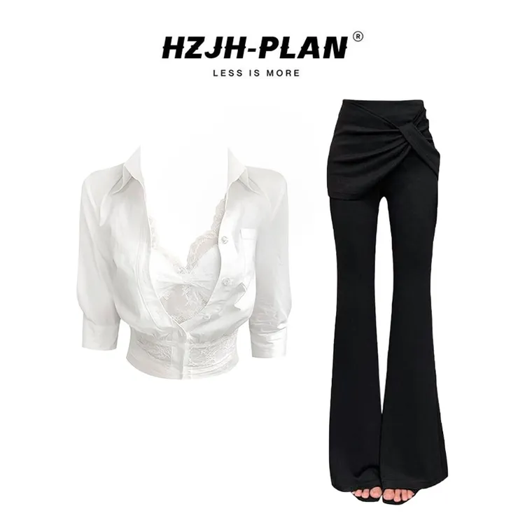 【同款优选】早秋纯欲风收腰蕾丝修身衬衫高腰显瘦微喇西装裤套装