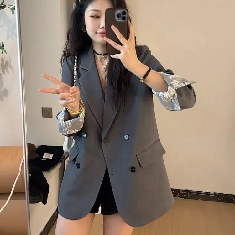 高级感西装外套女学院风2025春秋款韩版宽松休闲小众蕾丝拼接西服