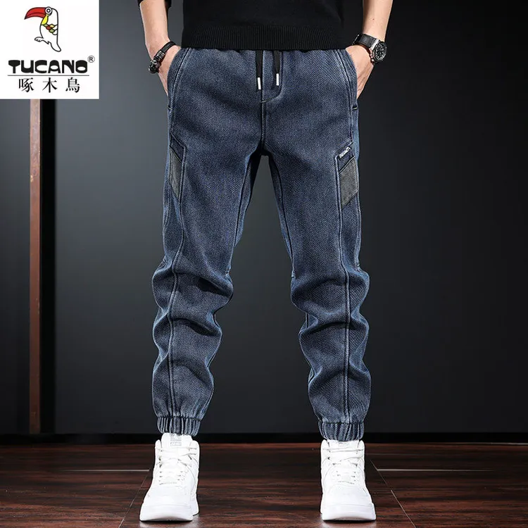 啄木鸟加绒加厚牛仔裤男潮牌宽松束脚裤秋冬款大码韩版休闲哈伦裤