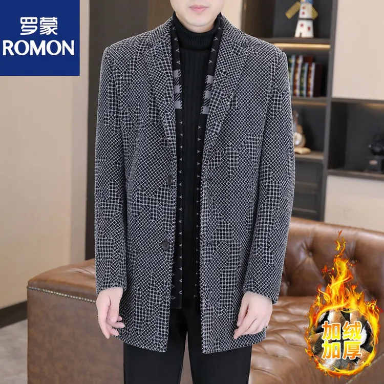 Romon/罗蒙冬季男休闲商务假两件拼接可拆卸领中长款加绒毛呢大衣