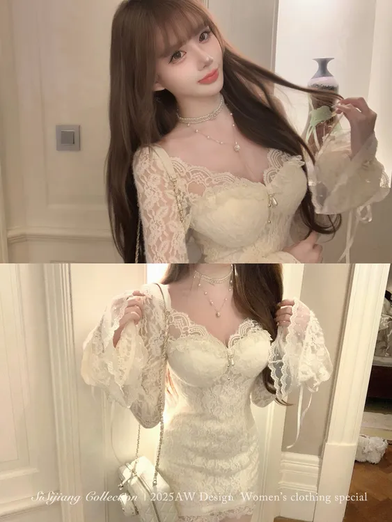 SISI JIANG"蕾丝密语"气质温柔紧身喇叭袖包臀裙修身连衣裙