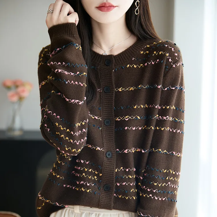 复古小香风针织圆领彩条提花小衫女春秋开衫上衣长袖宽松时髦软糯