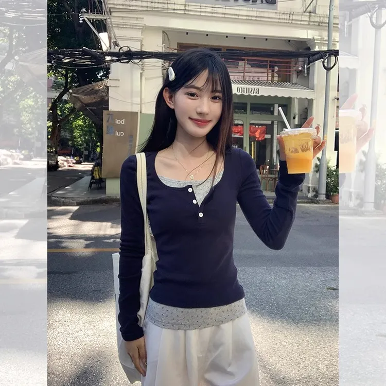 深蓝色U领纽扣假两件长袖t恤女2025早春季修身韩版小个子精致上衣