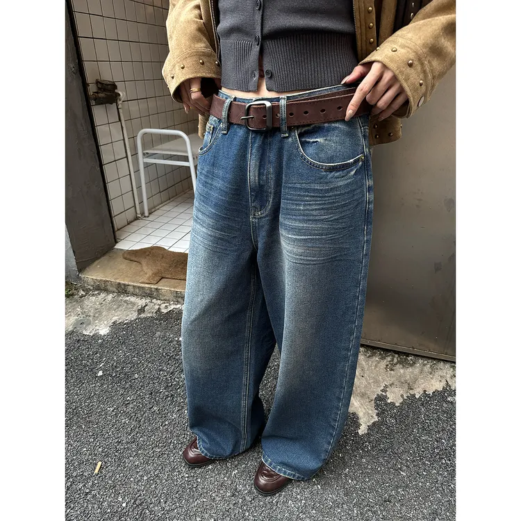 NEW 10.29杨九七复古蓝色水洗宽松牛仔裤女通勤休闲阔腿长裤73013