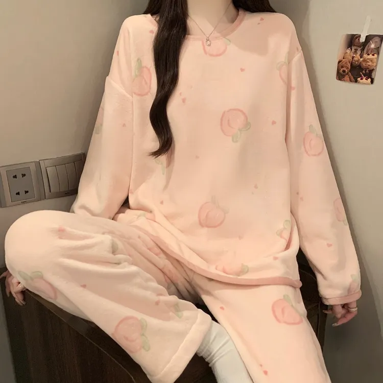 秋冬季法兰绒睡衣女珊瑚绒加厚保暖宽松女士睡衣可外穿家居服套装