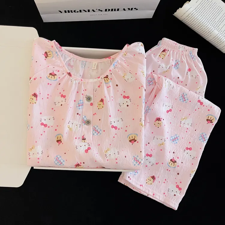 云朵棉春秋季睡衣女甜美卡通圆领长袖长裤学生少女网红家居服套装