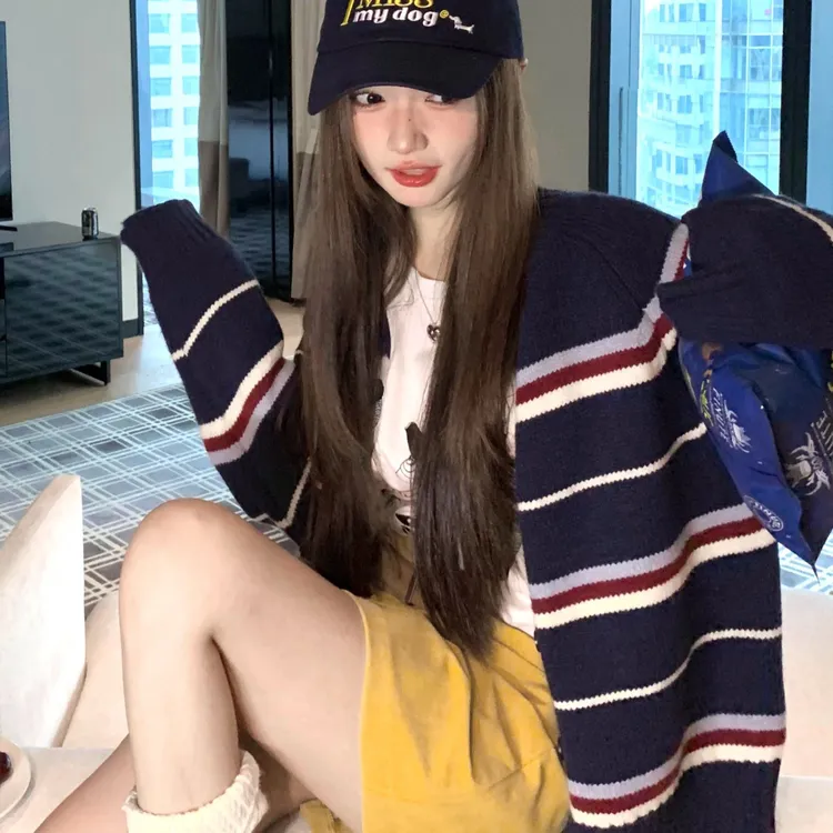 【条纹书呆子】针织开衫女秋韩系撞色条纹百搭外穿毛衣