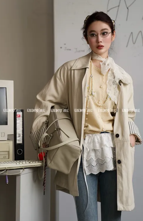 ENJOY'ME【门店同款】ENJOY春盐貌似糖袖口条纹翻边皮衣 160896213