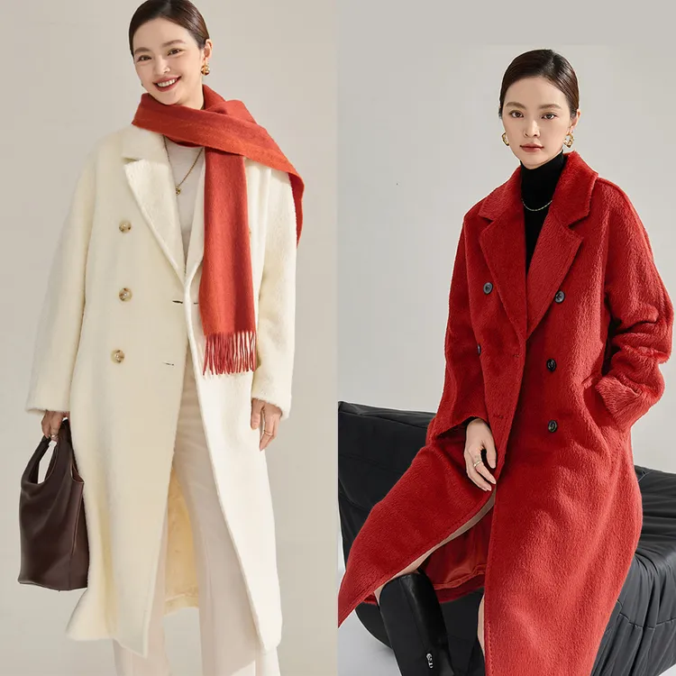 女士毛呢外套长毛羊驼毛大衣中长款保暖红色大衣《春节正常发货》