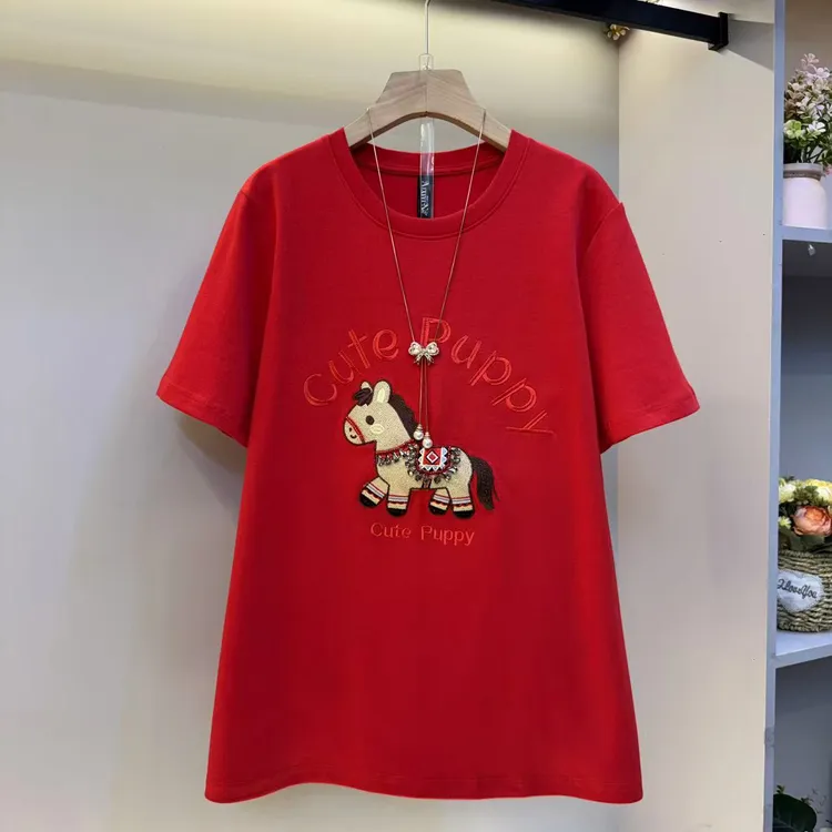 秋冬新款宽松百搭显瘦马年刺绣短袖T恤女内搭上衣