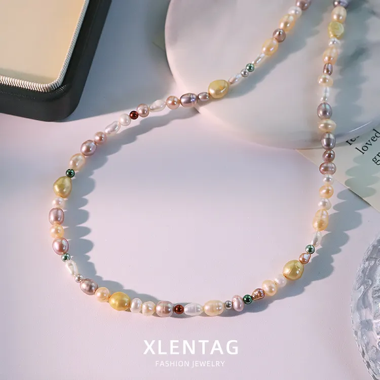 天然珍珠彩色巴洛克搭配的轻奢小众多巴胺锁骨珍珠