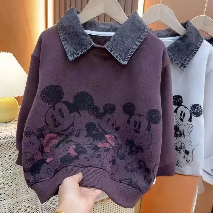 童装休闲卡通风男女童春秋时尚翻领儿童长袖拼接卫衣秋款S